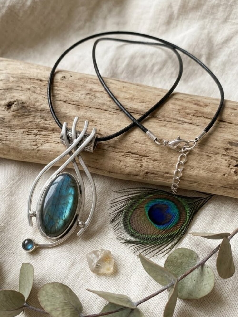 Genuine Blue Flash Labradorite 925 Silver Witchy Pendant Necklace Boho 19.5in - Picture 12 of 16